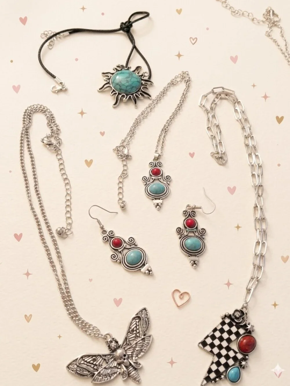 Plated Turquoise Red Coral Sun Moth Checker Bolt Jewelry Set! Make Great Gifts!